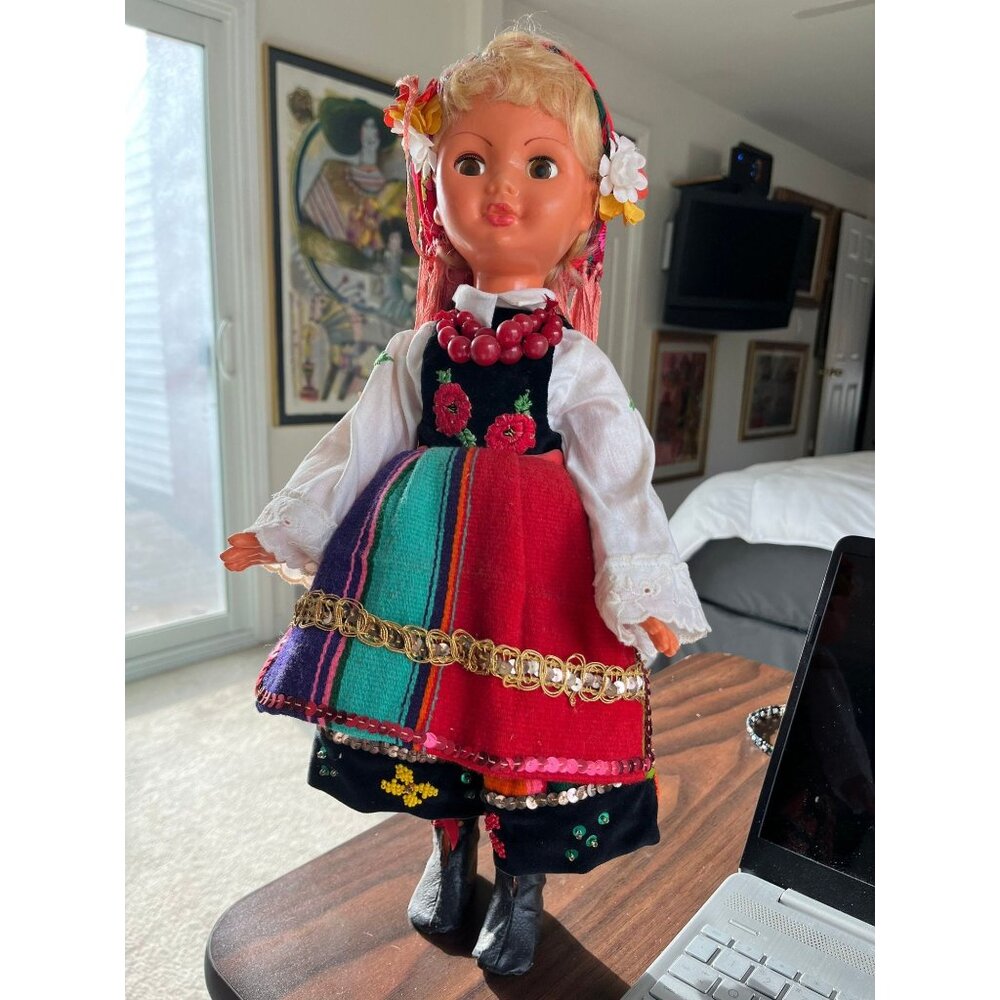 Vtg 1970's Polish Łowicz Doll In Full Handmade Costume 18" Black Boots Red Ties